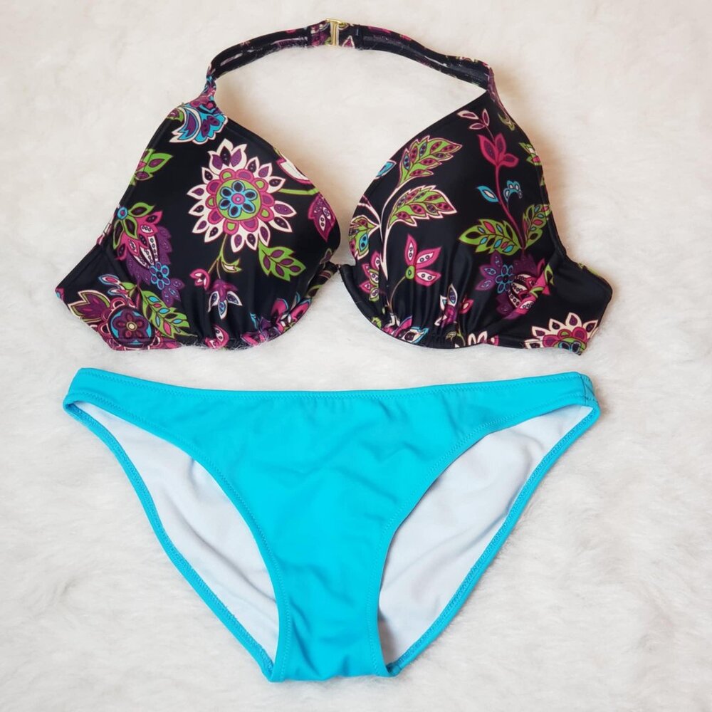 Victoria's Secret Floral Underwire with Turquoise Heart Accent Bottom Swim Suit